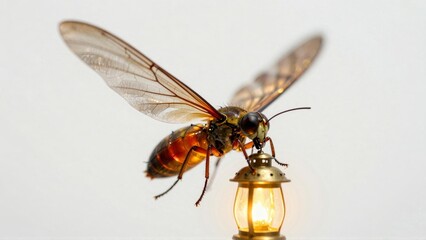 Firefly perched on lit lantern against white background