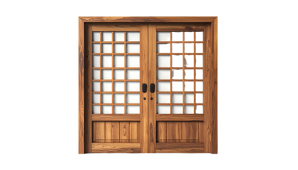 Wooden, grid-paneled double doors, appearing closed, against black