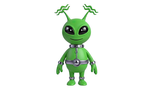 Green Cartoon Alien with Star Eyes and Metallic Accents