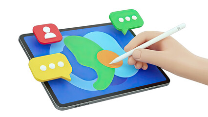 Hand using stylus on tablet with chat bubbles