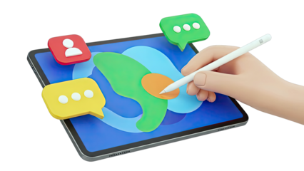 Hand using stylus on tablet with chat bubbles
