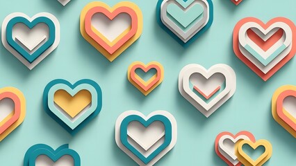 Abstract pattern of colorful layered paper cut hearts on a soft pastel blue background