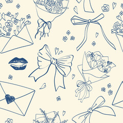 A seamless pattern with vintage, hand-drawn blue ink, flirty elements. Sweet bows, a bouquet of roses, a bunch of tulips, a lipstick mark, and envelopes with love letters.
