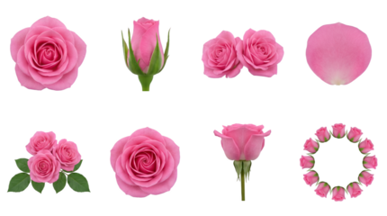 Pink rose set including open bloom, bud, petals, side profile, and floral wreath isolated. Romantic botanical and flower collection.