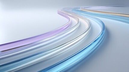 Close-up of gracefully curved, translucent tubes in shades of blue, purple, and clear on a bright surface