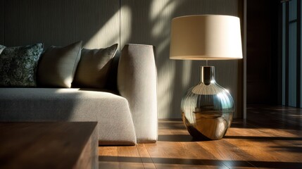 Minimalist lounge corner fabric sofa polished wooden flooring and metallic table lamp Natural daylight creates brilliance across glass