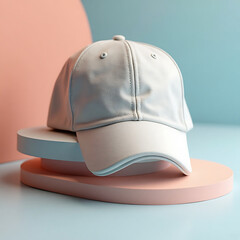 Stylish baseball cap resting on layered abstract shapes, soft pastel colors, modern design sensibility, eye-pleasing balance