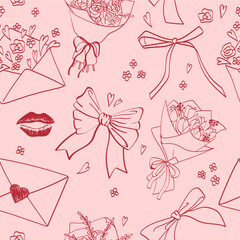 Seamless pattern with cute bows, a bouquet of roses, a bouquet of tulips, a lipstick mark, and envelopes with love letters on a pink background. Valentine's Day