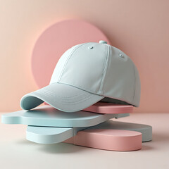 Stylish baseball cap resting on layered abstract shapes, soft pastel colors, modern design sensibility, eye-pleasing balance