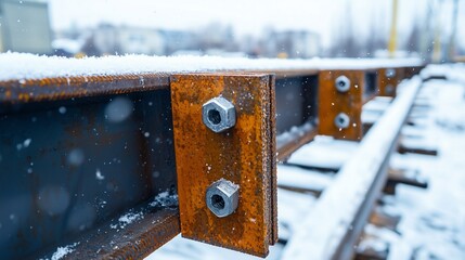 Rail track section showing rusted metal and snow in a winter setting near a construction area with buildings in the background