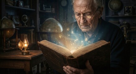 Person Reading Glowing Book Representing Knowledge, Power and Imagination
