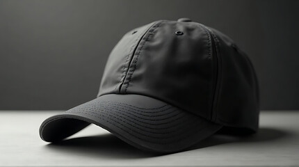 Baseball cap showcased on smooth monochrome background, elegant lighting control, contemporary visual clarity, strong contrast, clean advertising space