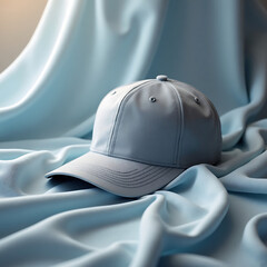 Elegant baseball cap with soft fabric folds, abstract blurred background, sophisticated color tones, clean advertising layout, strong focal point