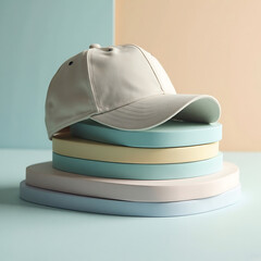 Stylish baseball cap resting on layered abstract shapes, soft pastel colors, modern design sensibility, eye-pleasing balance