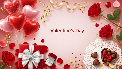 A romantic collection of valentine's day gifts including balloons, roses, and chocolates