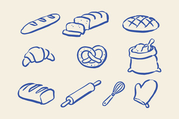 Bread baking icons hand drawn outline vector illustration