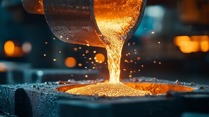Metal pouring at foundry during production process in industrial setting