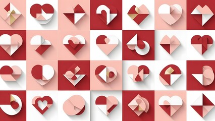 A grid pattern of minimalist geometric hearts in red, pink, and white colors