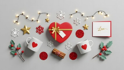 Romantic winter holiday flat lay with heart-shaped gift box, mugs, snowflakes, and festive decorations