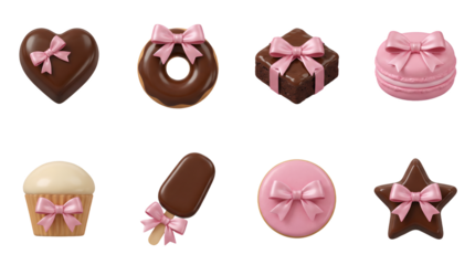 Chocolate and pastry dessert set including heart, donut, brownie, macaron, cupcake, popsicle, cookie, and star treats isolated. Sweet confectionery collection for bakery and cafe promotion.