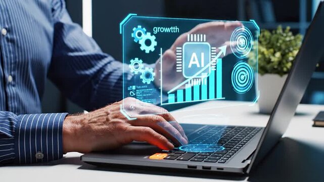Professional businessman leverages advanced AI analytics system on laptop for strategic data insights, accelerating business growth, improving operational efficiency, and driving digital innovation.