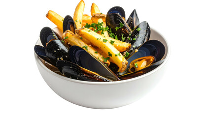 A white bowl overflows with steamed black mussels and golden french fries