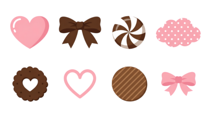 Valentine candy and sweet treats set including chocolate hearts, pink bows, peppermint swirl, and polka dot clouds isolated. Decorative dessert and romantic stationery elements.