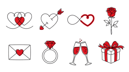 Valentine love icons set including hearts, arrow, infinity symbol, rose, envelope, diamond ring, champagne glasses, and gift box isolated. Romantic wedding and anniversary design collection.