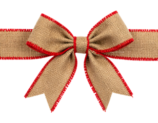 Close-up of a burlap bow with red trim, horizontal placement, on a transparent background
