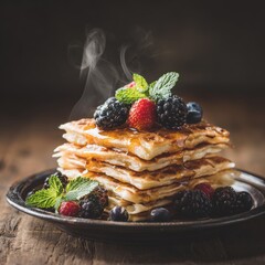 Delicious hot steaming pancakes topped with fresh berries honey and mint on rustic wood table