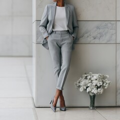 Elegant professional woman in grey checked suit leaning against marble wall near white flowers
