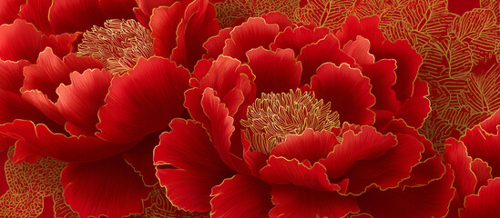 red luxury peony flower pattern golden line banner background
