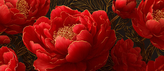 red luxury peony flower pattern golden line banner background