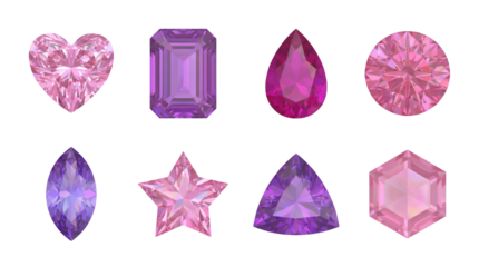 Gemstone collection including heart, emerald, pear, round, marquise, star, trillion, and hexagon cuts isolated. Pink and purple jewelry crystal set.