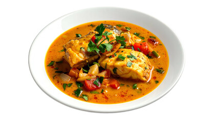 Overhead shot of fish stew in a white bowl with herbs, vegetables, and rich sauce