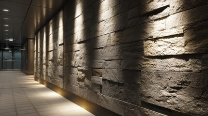Modern corridor with textured stone wall illuminated by angled side-light Shadows emphasize depth gleams shimmer on polished metallic