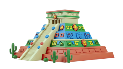 Stylized Mayan Pyramid with Cacti