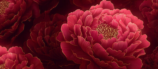 red luxury peony flower pattern golden line banner background
