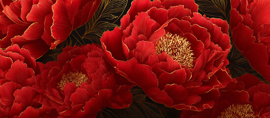 red luxury peony flower pattern golden line banner background