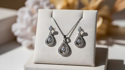 Elegant teardrop shaped necklace and earrings set with sparkling stones on a display stand