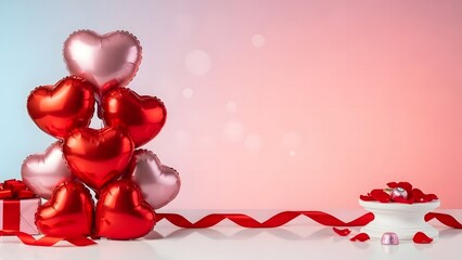 Romantic composition with heart balloons, ribbon, rose petals, and a gift box for valentine's day