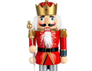 A wooden, regal, nutcracker with a crown, holding a scepter, and wearing a red coat