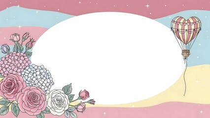 Beautiful pastel frame with heart balloon and floral bouquet illustration