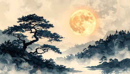 水墨画風 月と松が映える和風夜景