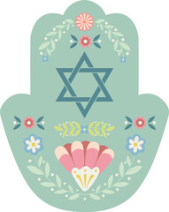 Palm-shaped amulet with folk floral motifs and six pointed star of David.  Judaism luck and protection vector decoration