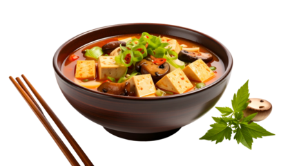 A close-up of a bowl of savory Asian soup with tofu, mushrooms, & scallions; chopsticks at side