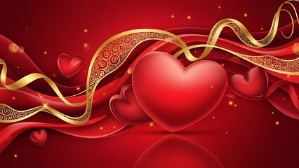 Romantic red heart background with flowing gold ribbons and glittering sparkles.