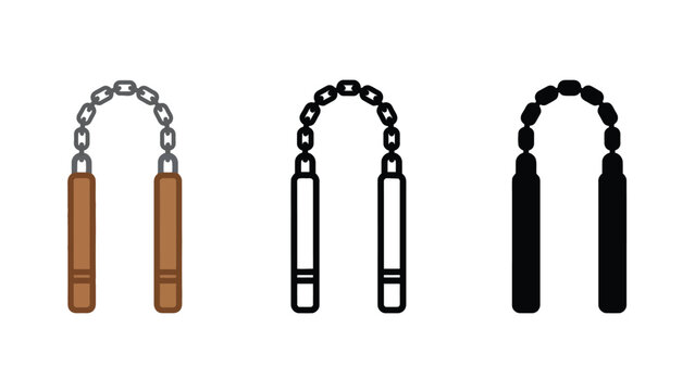 A set of three nunchucks with different designs and colors on a white background