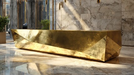 Polished brass reception counter positioned on reflective stone tiles volumetric light slicing diagonally across the space