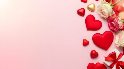 Romantic composition for valentine's day featuring hearts and roses on light pink background